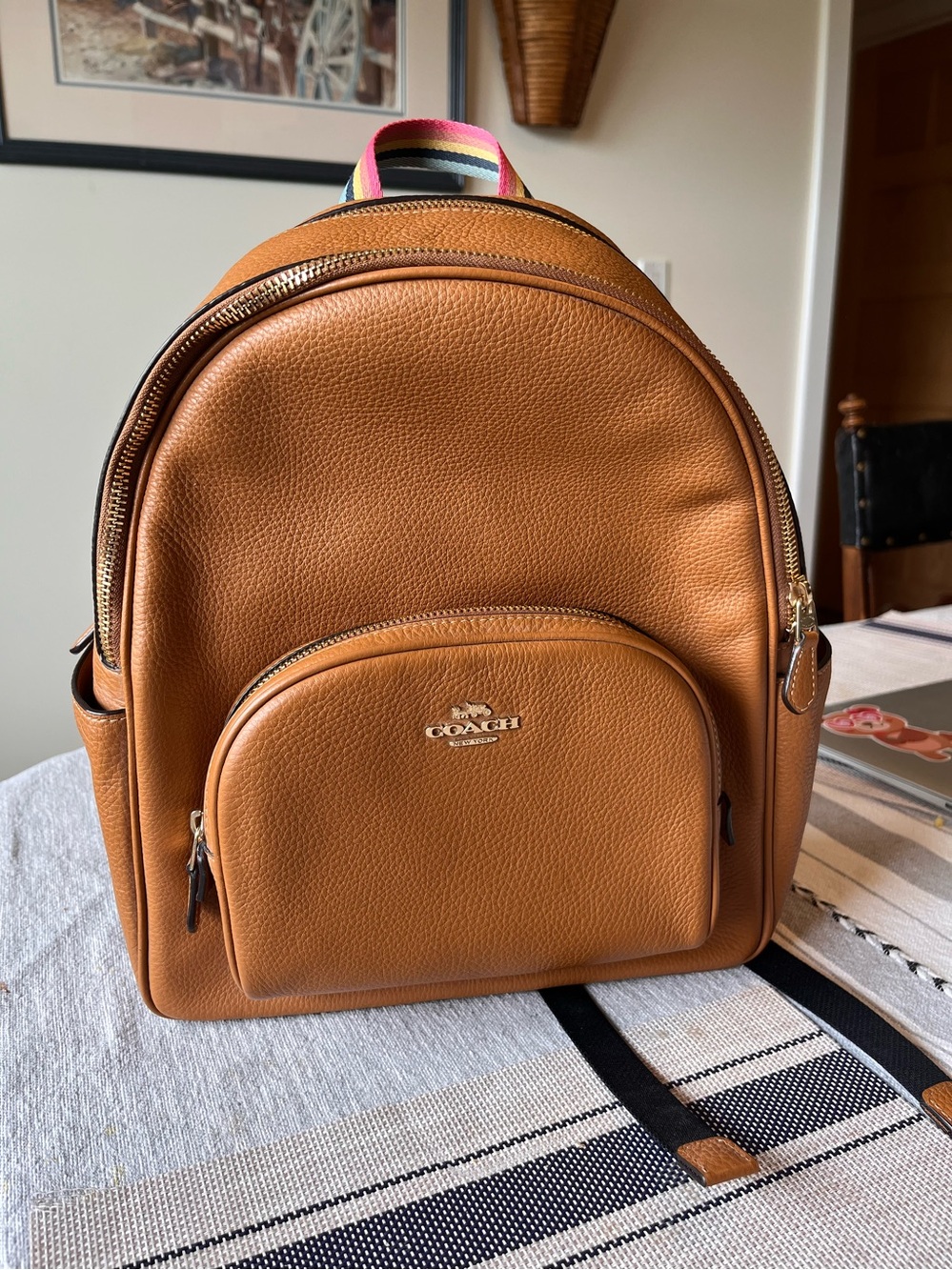Coach Caramel Pebbled Leather Backpack with Striped Handle